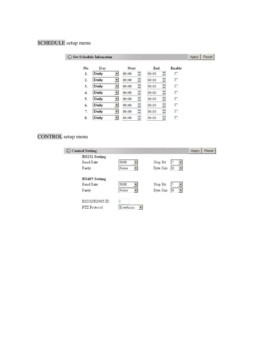 EverFocus EDR810H, EDR410H, EDR810M, EDR410M instruction manual Schedule setup menu Control setup menu 