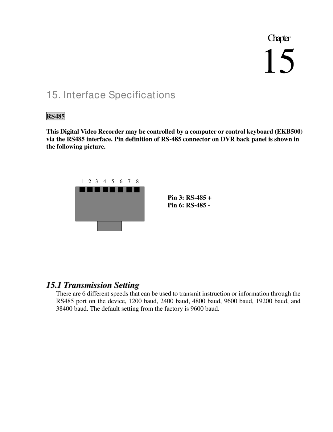 EverFocus EDR810M, EDR810H, EDR410H, EDR410M Interface Specifications, Transmission Setting, Pin 3 RS-485 + Pin 6 RS-485 