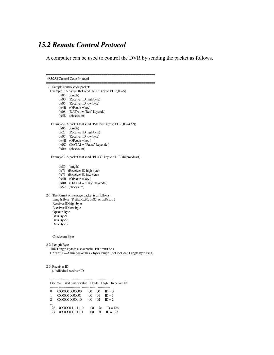 EverFocus EDR410M, EDR810H, EDR410H, EDR810M Remote Control Protocol, 0x0B DATA1 = Play keycode 0x59 checksum 