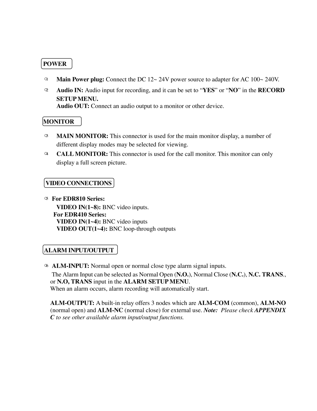 EverFocus EDR410H, EDR810H, EDR810M, EDR410M Power, Setup Menu, Monitor, Video Connections, Alarm INPUT/OUTPUT 