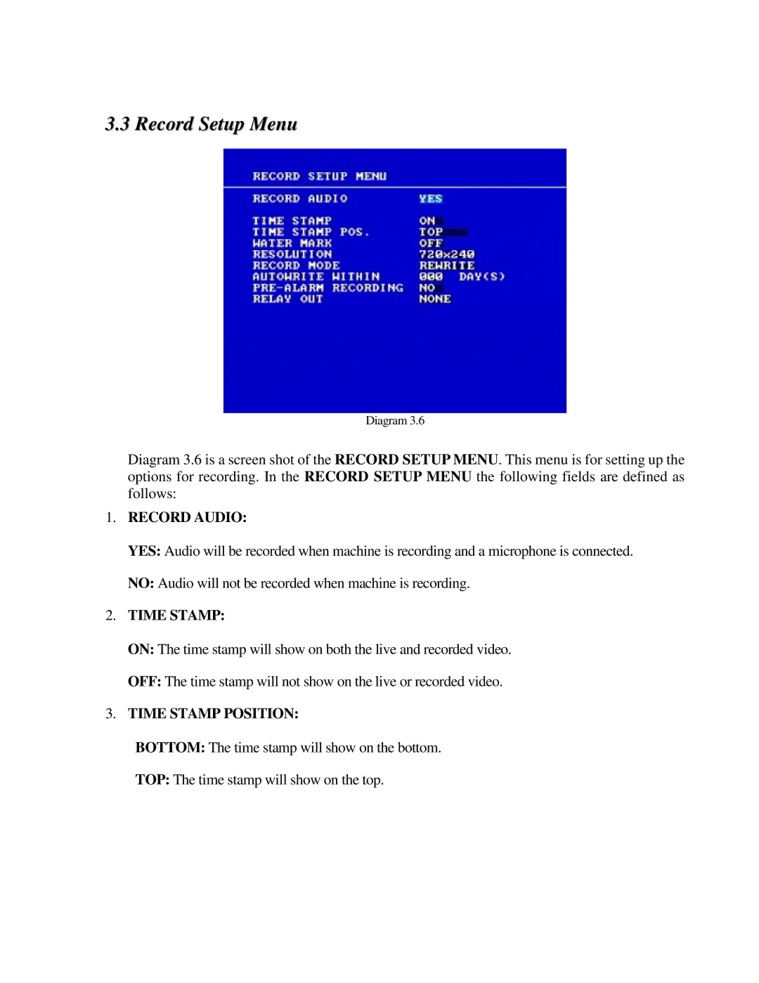 EverFocus EDR410H, EDR810H, EDR810M, EDR410M instruction manual Record Setup Menu, Record Audio, Time Stamp Position 