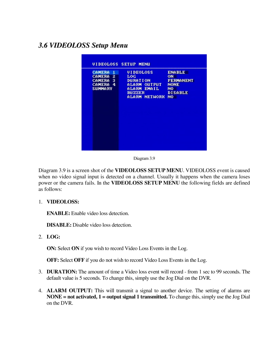 EverFocus EDR410H, EDR810H, EDR810M, EDR410M instruction manual Videoloss Setup Menu 