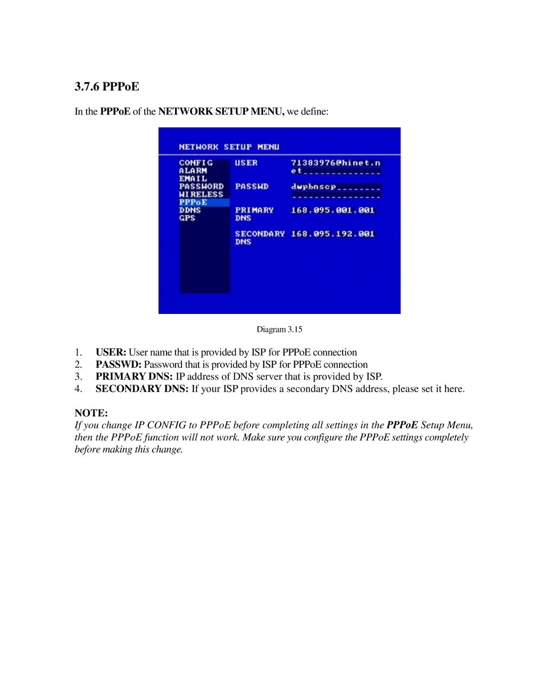 EverFocus EDR410M, EDR810H, EDR410H, EDR810M instruction manual PPPoE of the Network Setup MENU, we define 