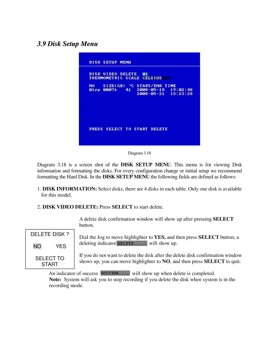 EverFocus EDR410H, EDR810H, EDR810M, EDR410M Disk Setup Menu, Disk Video Delete Press Select to start delete 