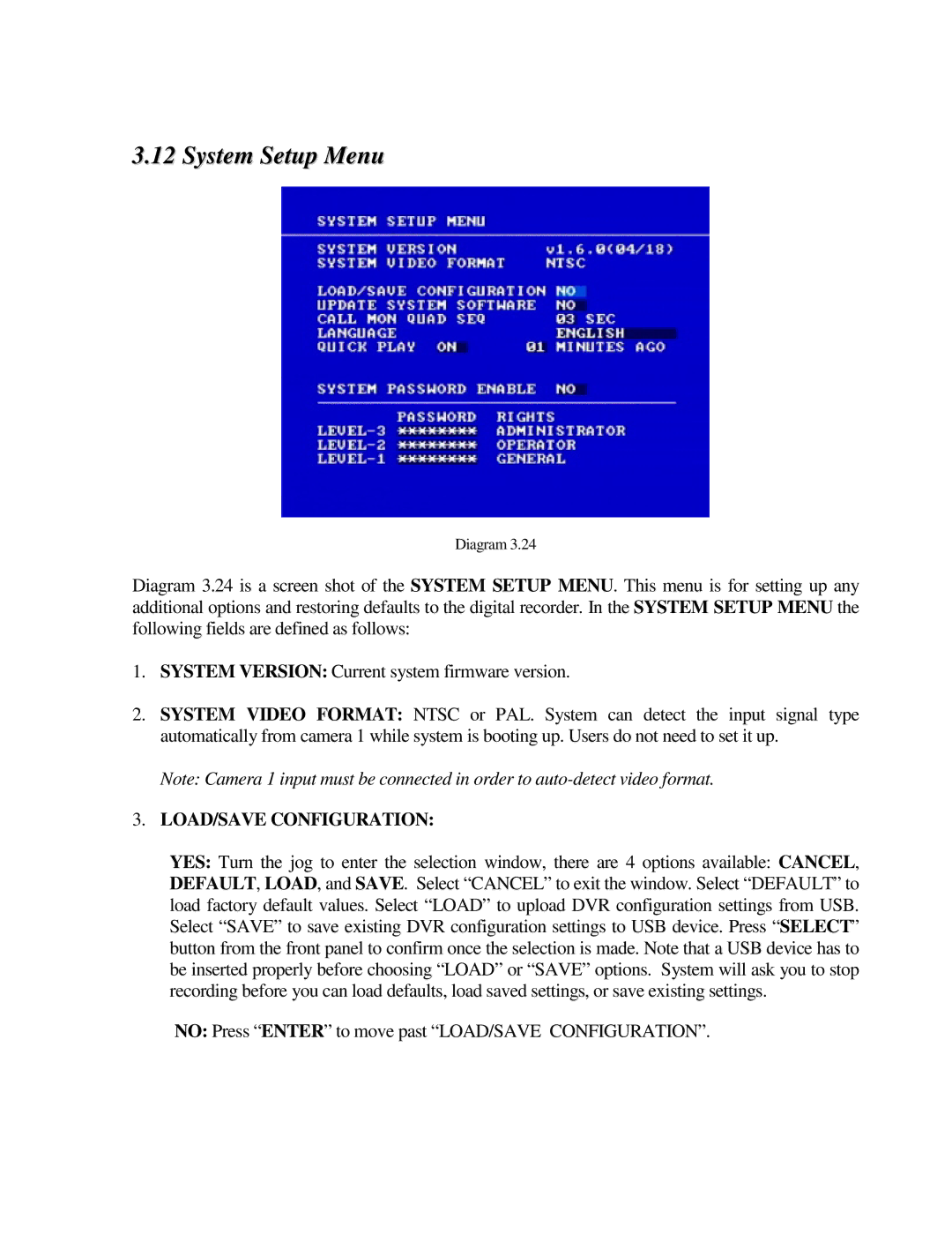 EverFocus EDR410M, EDR810H, EDR410H, EDR810M instruction manual System Setup Menu, LOAD/SAVE Configuration 