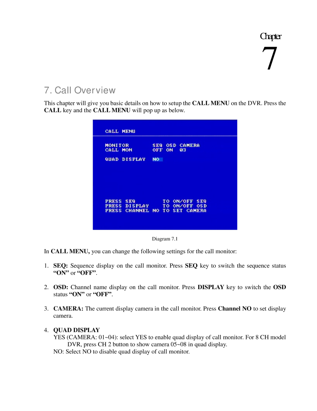 EverFocus EDR810H, EDR410H, EDR810M, EDR410M instruction manual Call Overview, On or OFF, Quad Display 