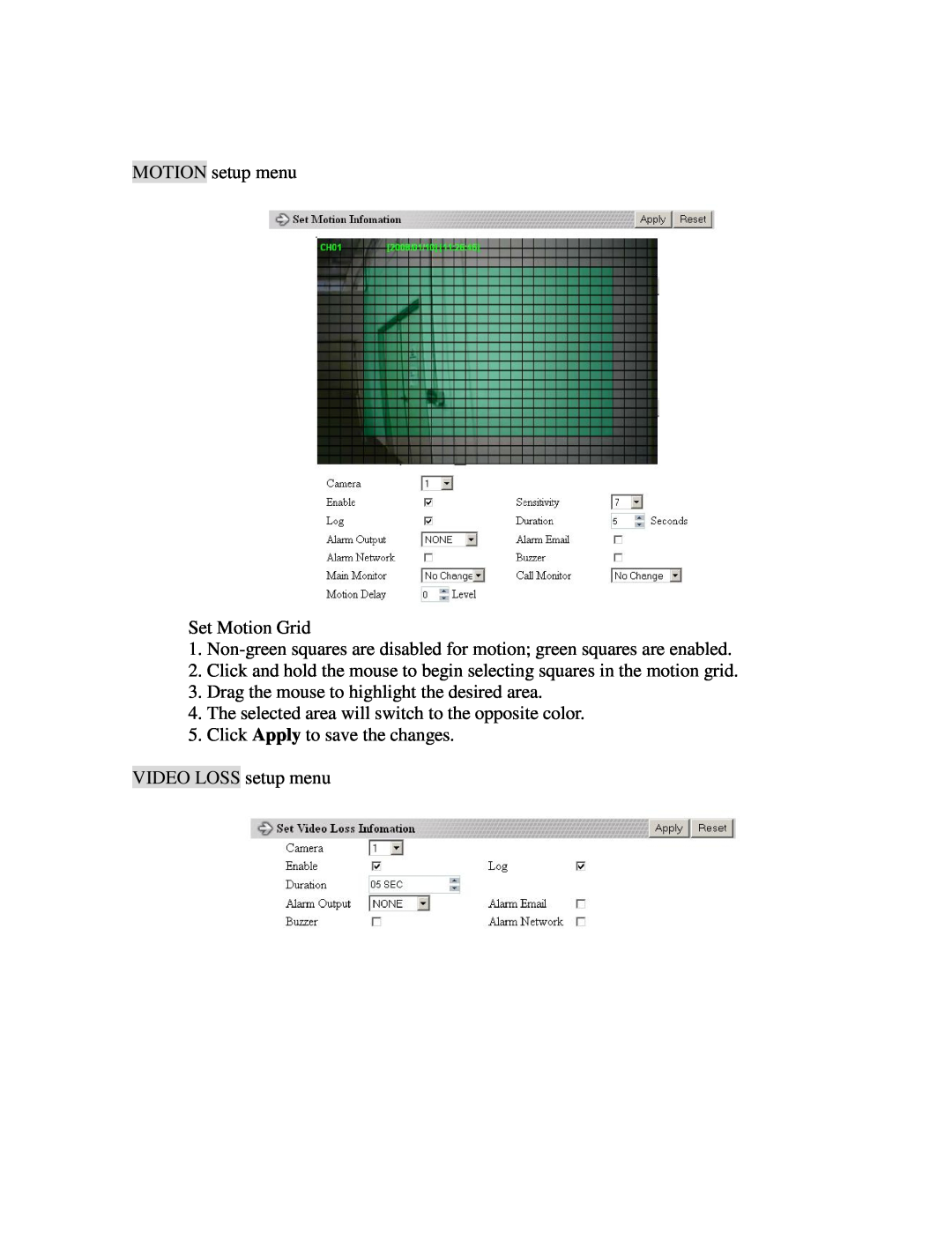 EverFocus EDR810M, EDR810H, EDR410H, EDR410M MOTION setup menu Set Motion Grid, Drag the mouse to highlight the desired area 