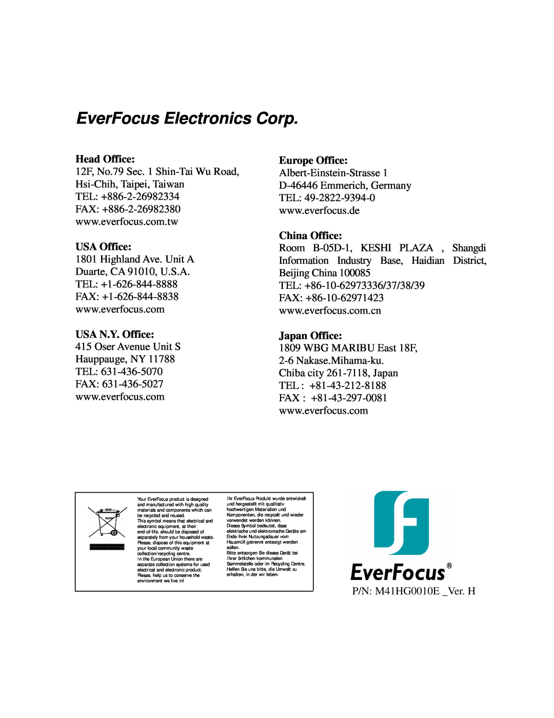 EverFocus EDR810M EverFocus Electronics Corp, Head Office, USA Office, USA N.Y. Office, Europe Office, China Office 
