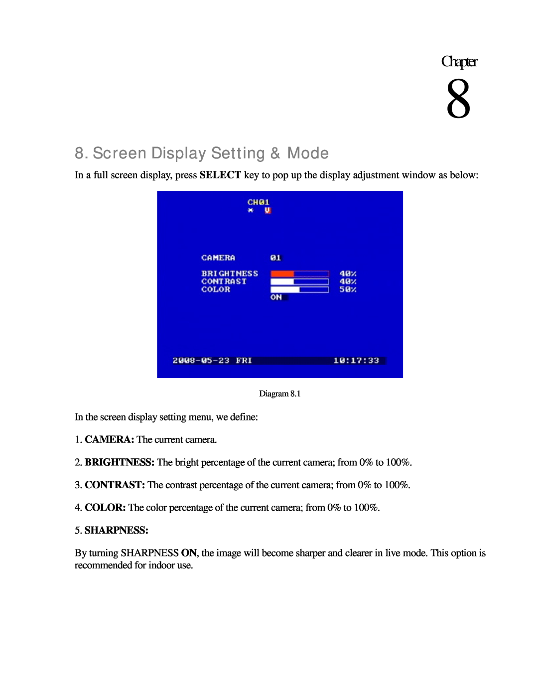 EverFocus EDR410H, EDR810H, EDR810M, EDR410M instruction manual Screen Display Setting & Mode, Chapter, Sharpness 