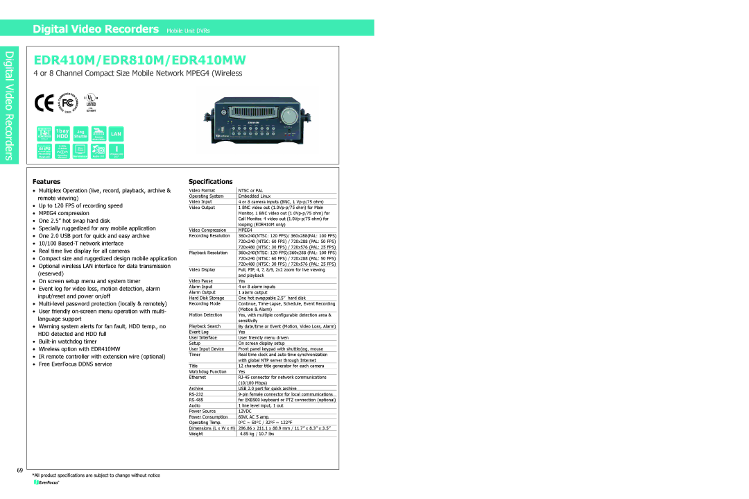 EverFocus EDR810M, EDR410MW specifications Features, Specifications, MPEG4, 12VDC 