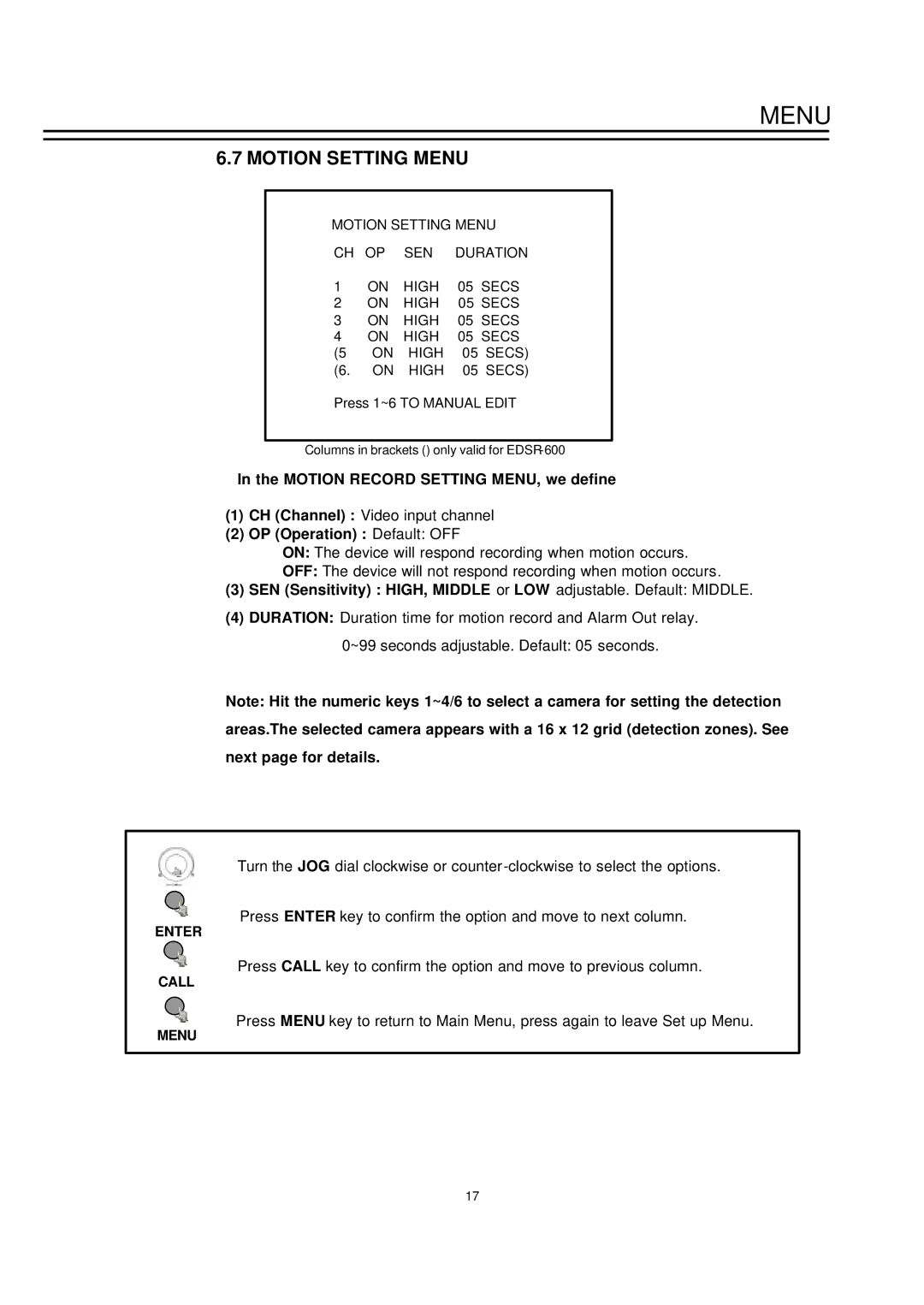 EverFocus EDSR-400, EDSR-600 Motion Setting Menu, Motion Record Setting MENU, we define, OP Operation Default OFF 