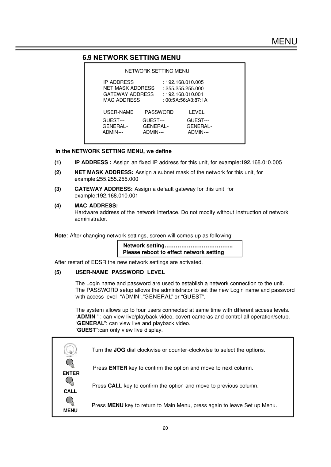 EverFocus EDSR-600, EDSR-400 Network Setting Menu, Network Setting MENU, we define, MAC Address, USER-NAME Password Level 