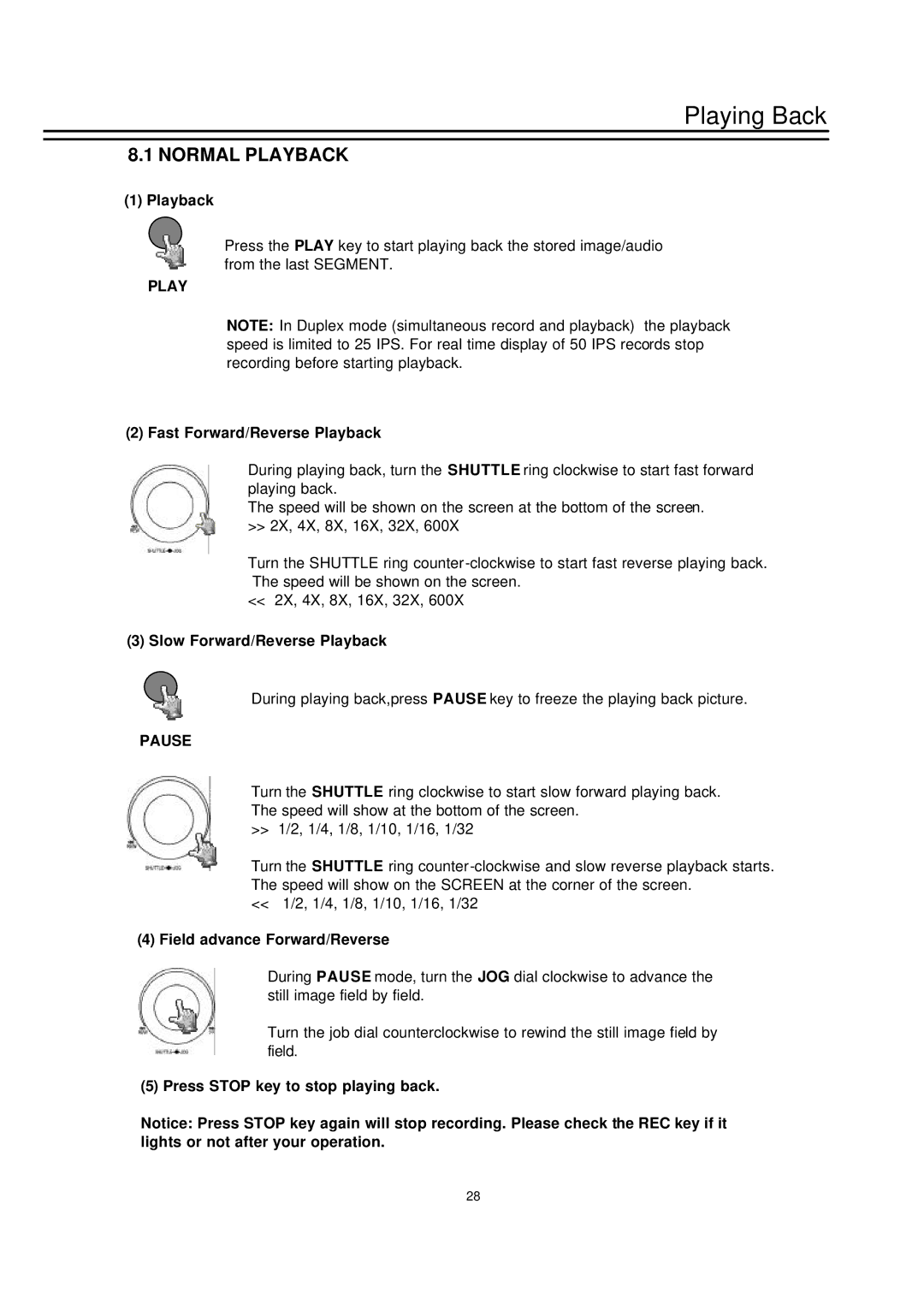 EverFocus EDSR-600, EDSR-400 instruction manual Playing Back, Normal Playback, Pause 