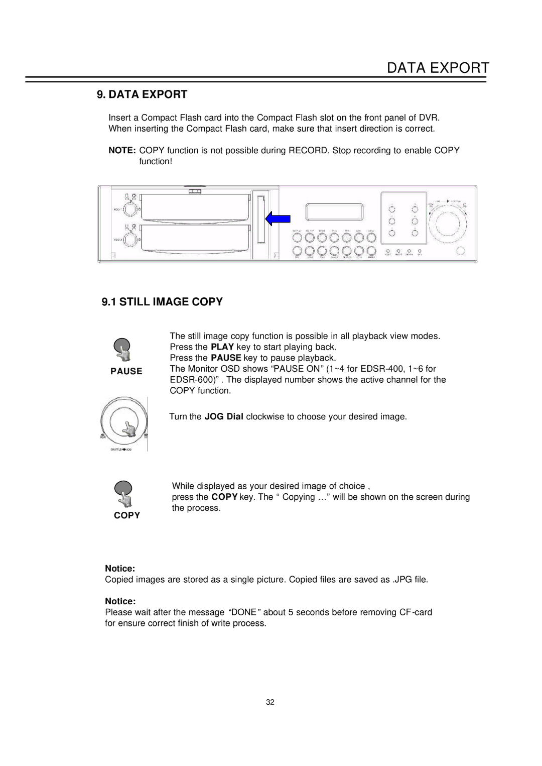 EverFocus EDSR-600, EDSR-400 instruction manual Data Export, Still Image Copy, Pause Copy 