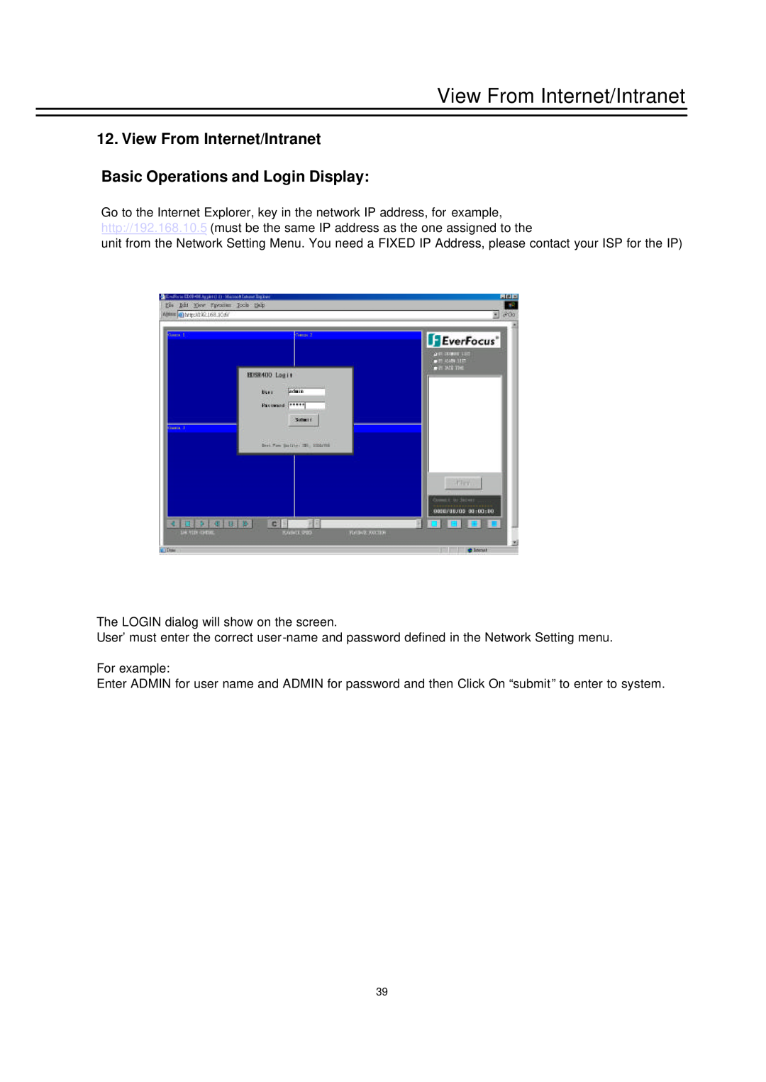 EverFocus EDSR-400, EDSR-600 instruction manual View From Internet/Intranet Basic Operations and Login Display 