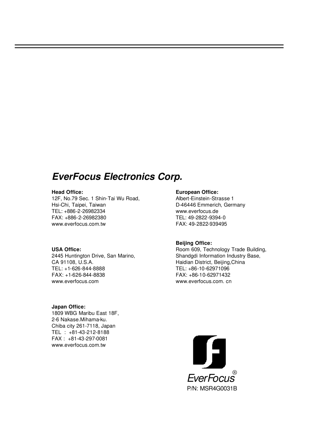 EverFocus EDSR-600, EDSR-400 EverFocus Electronics Corp, P/N MSR4G0031B, Head Office, European Office, Beijing Office 