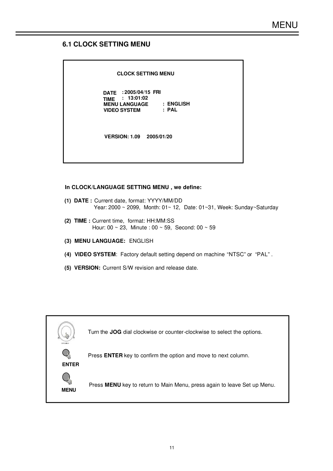 EverFocus EDSR-900, EDSR-1600 Clock Setting Menu, CLOCK/LANGUAGE Setting Menu , we define, Menu Language English 