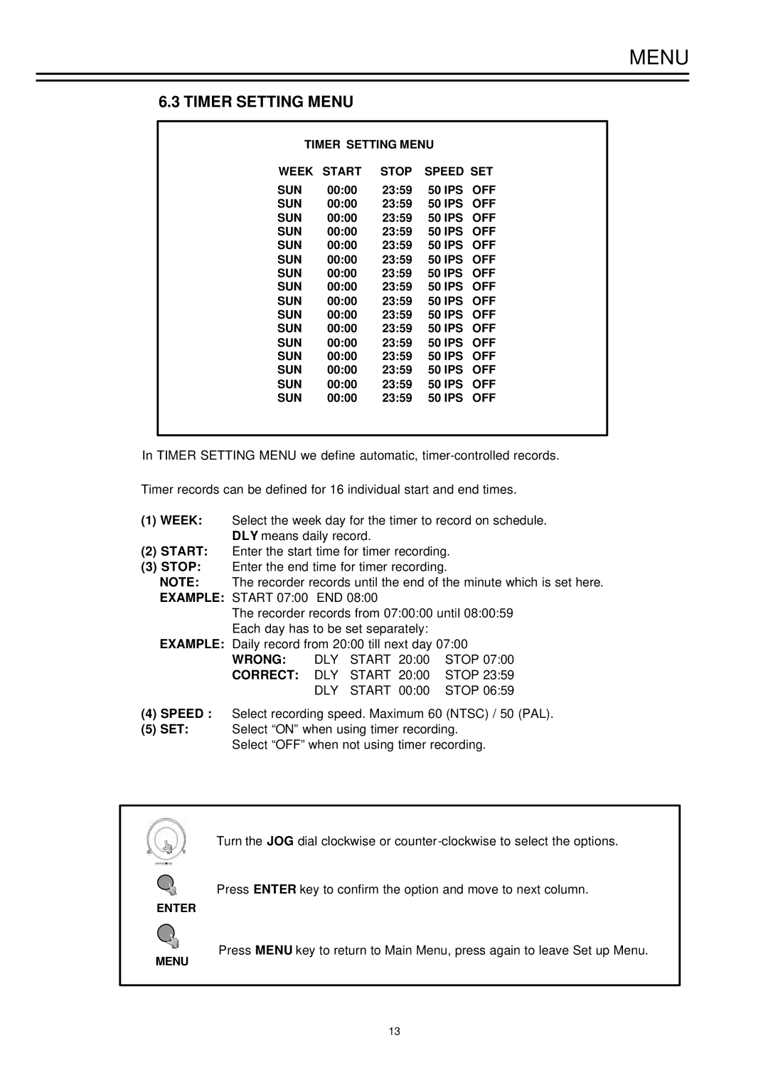 EverFocus EDSR-900, EDSR-1600 instruction manual Timer Setting Menu, Wrong, Correct 