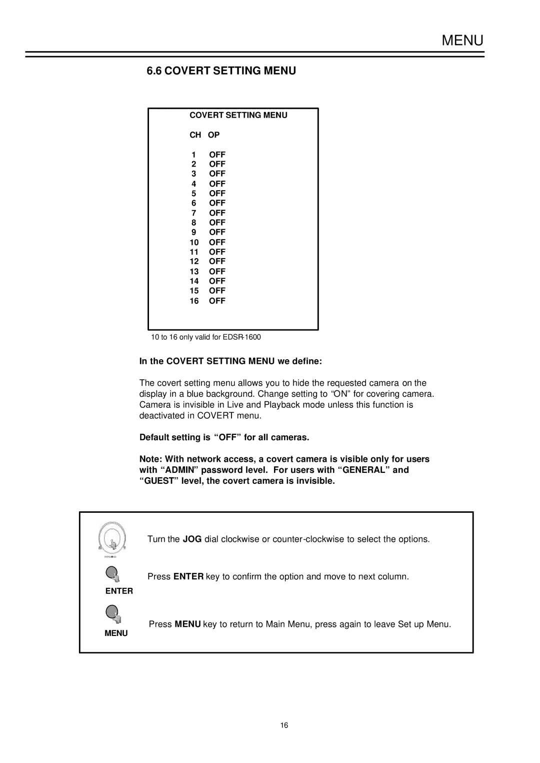 EverFocus EDSR-1600, EDSR-900 instruction manual Covert Setting Menu we define, Default setting is OFF for all cameras 