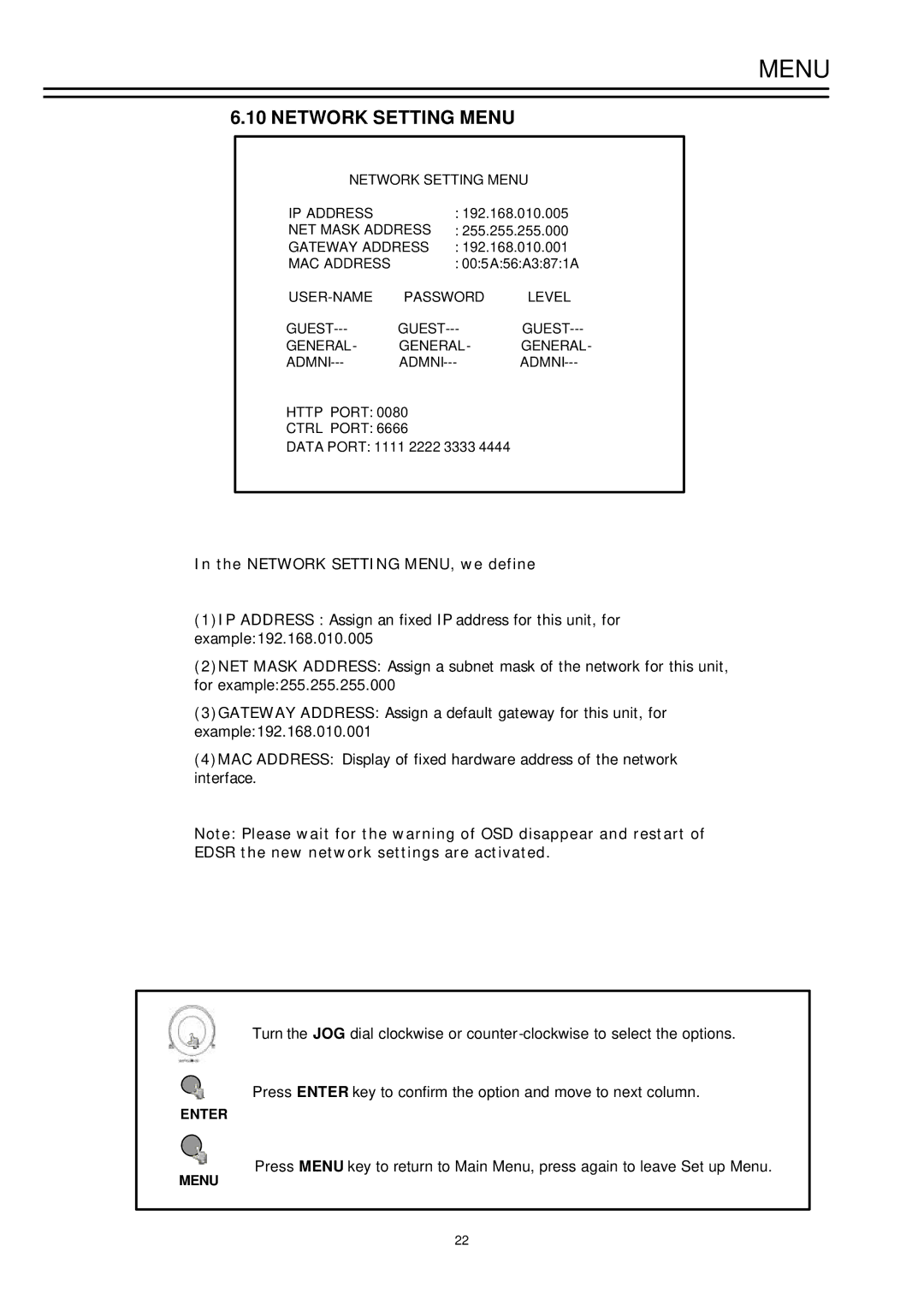 EverFocus EDSR-1600, EDSR-900 instruction manual Network Setting Menu, Network Setting MENU, we define 