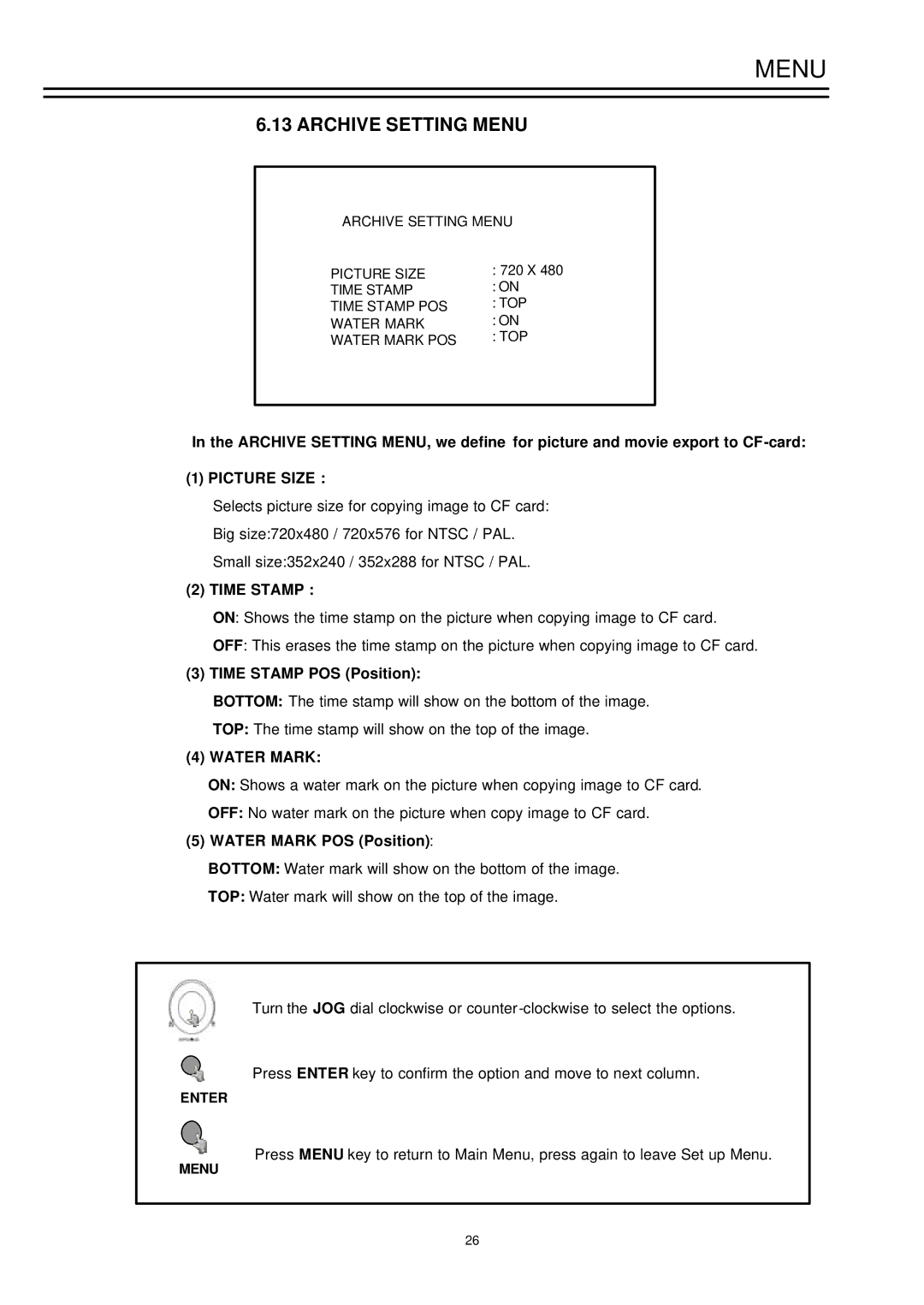 EverFocus EDSR-1600, EDSR-900 instruction manual Archive Setting Menu, Picture Size, Time Stamp, Water Mark 