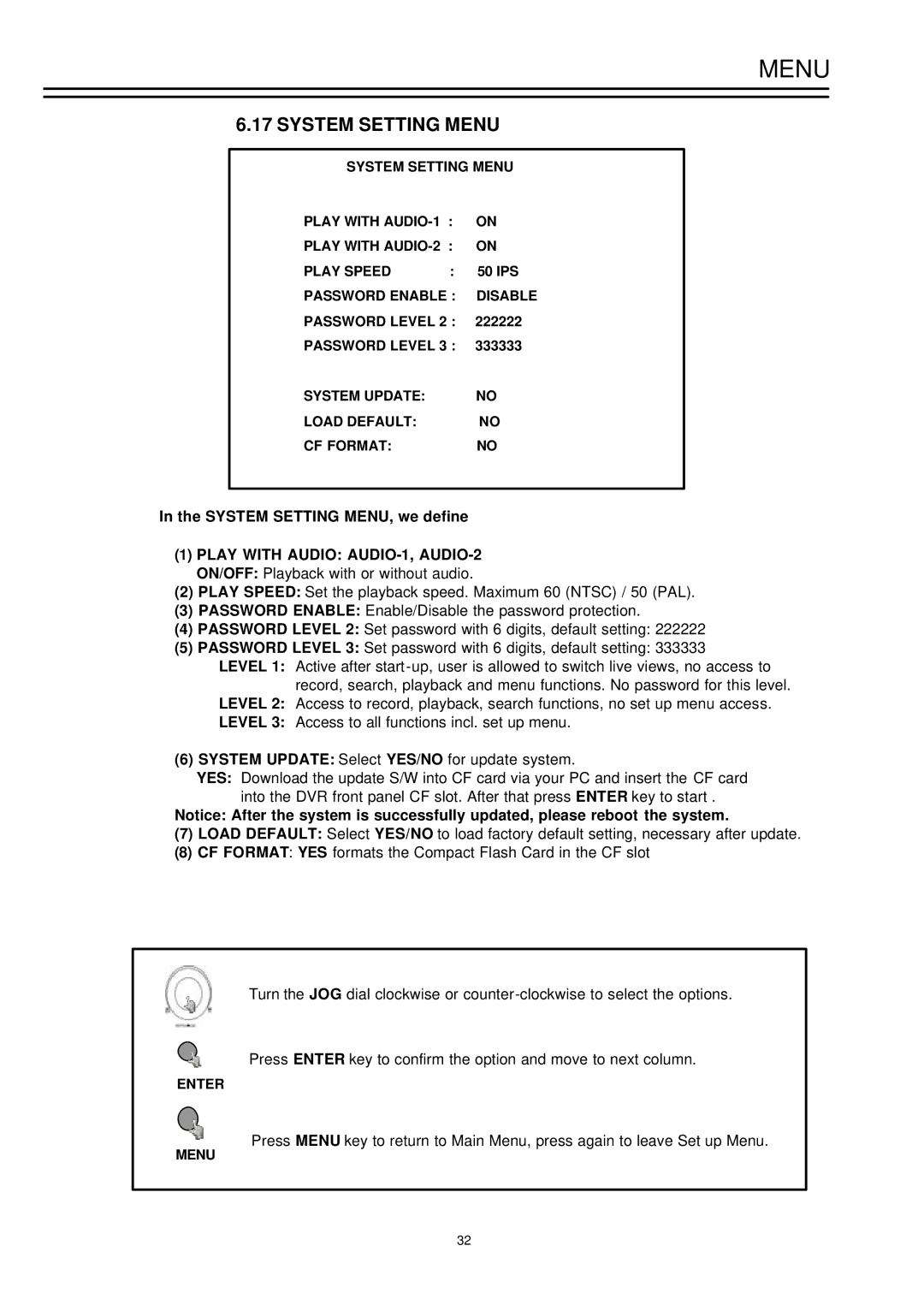 EverFocus EDSR-1600, EDSR-900 System Setting Menu, System Setting MENU, we define, Play with Audio AUDIO-1, AUDIO-2 