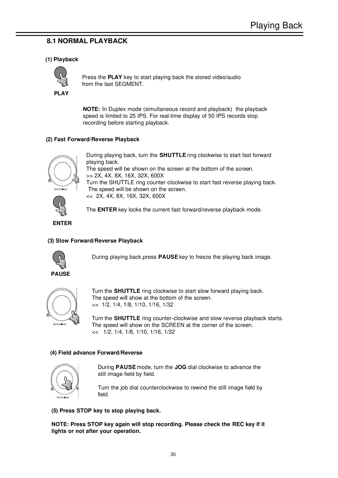 EverFocus EDSR-900, EDSR-1600 instruction manual Playing Back, Normal Playback, Enter, Pause 