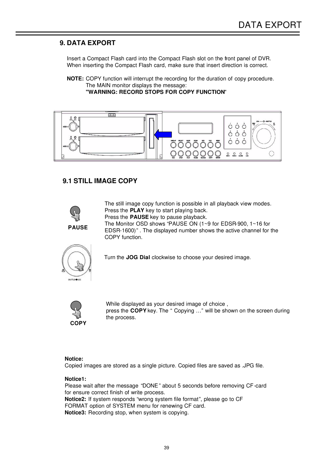 EverFocus EDSR-900, EDSR-1600 instruction manual Data Export, Still Image Copy, Pause Copy 