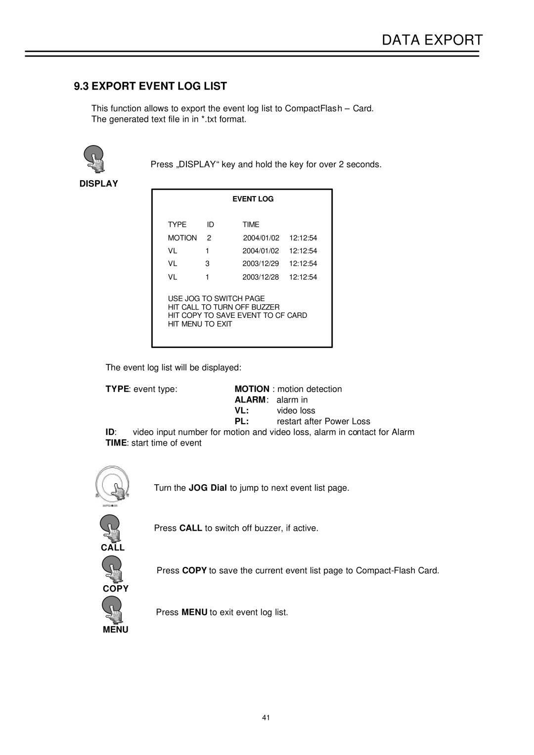 EverFocus EDSR-900, EDSR-1600 instruction manual Export Event LOG List, Display, Alarm, Call 