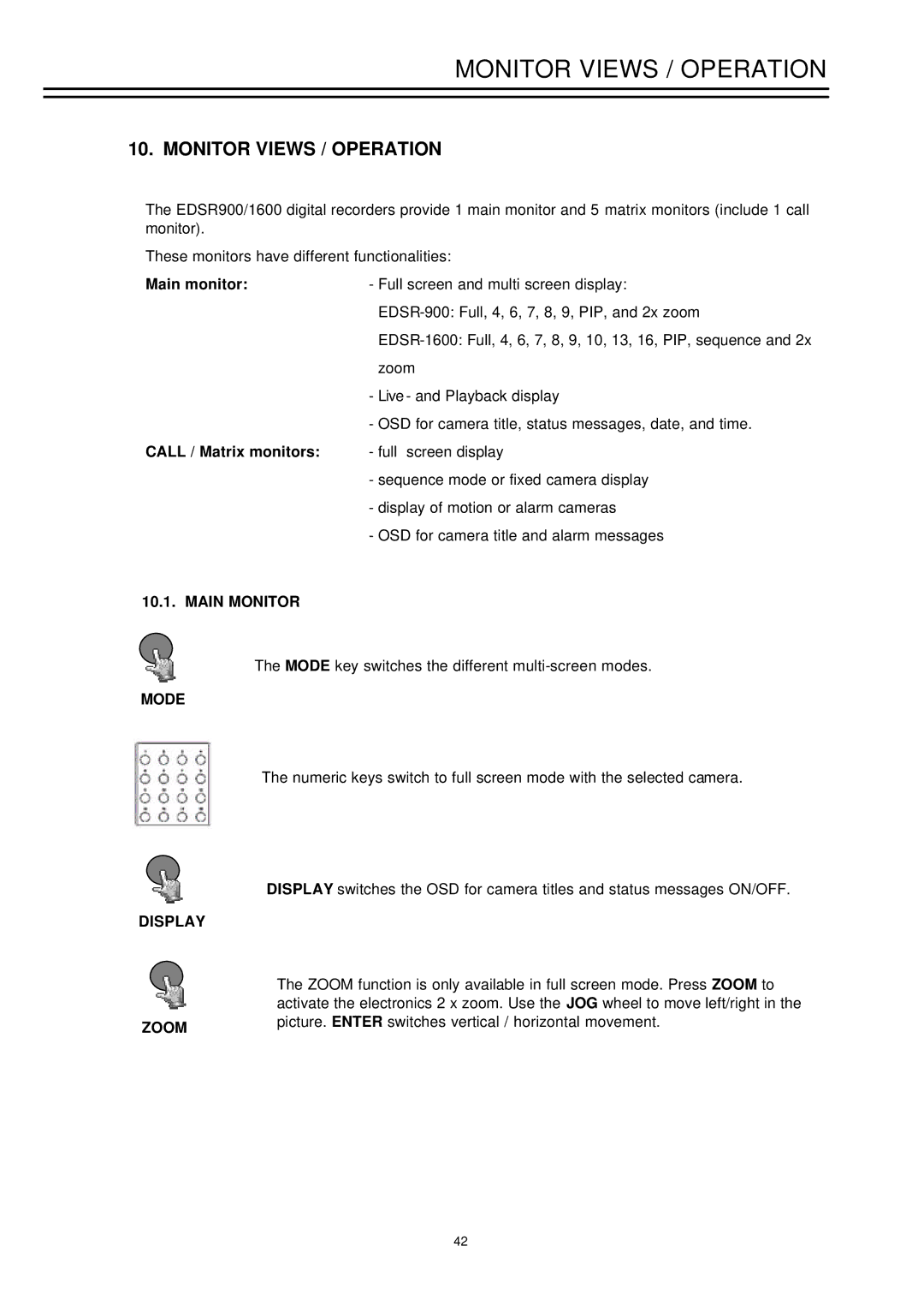 EverFocus EDSR-1600, EDSR-900 Monitor Views / Operation, Call / Matrix monitors, Main Monitor Mode Display Zoom 