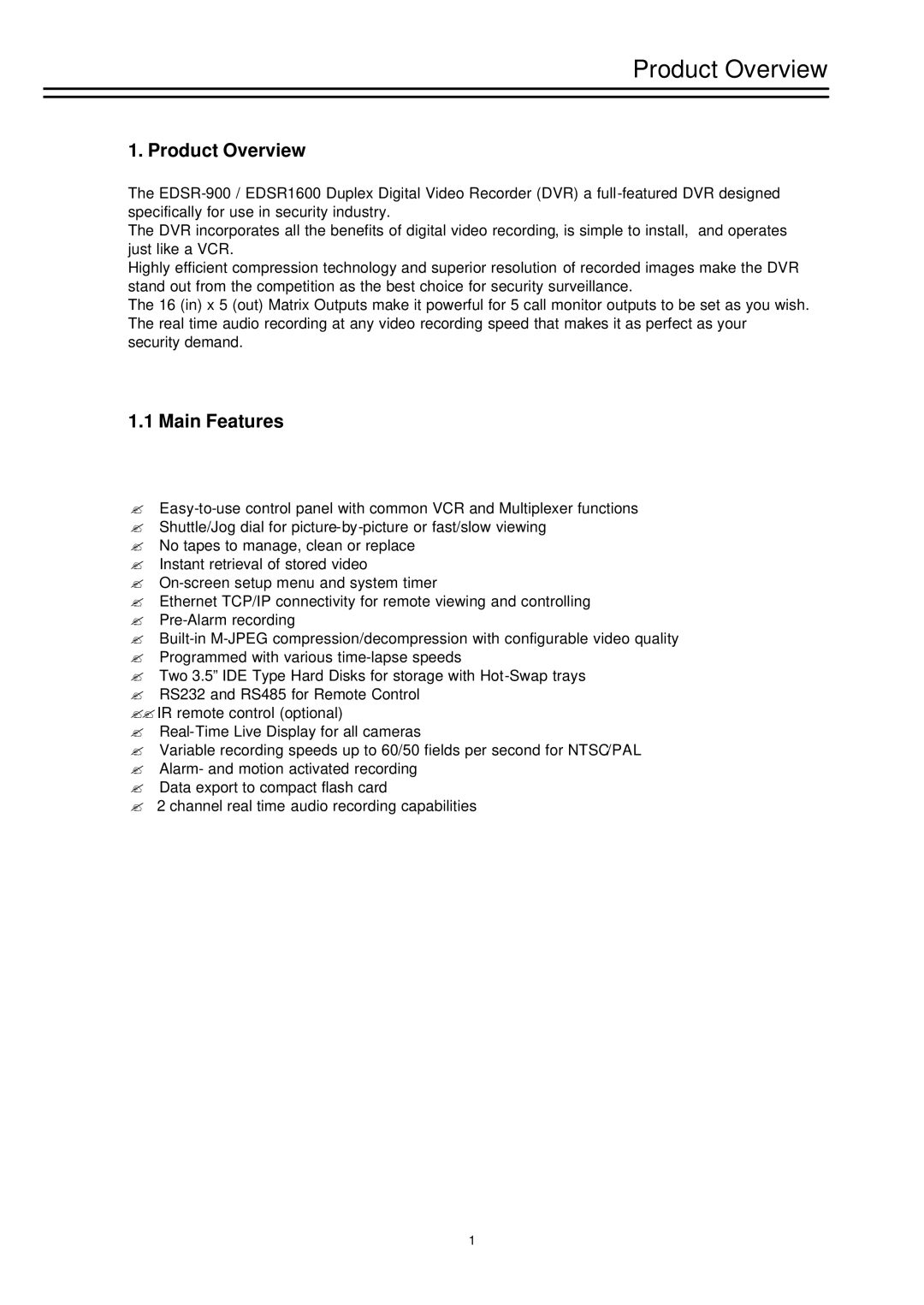 EverFocus EDSR-900, EDSR-1600 instruction manual Product Overview, Main Features 