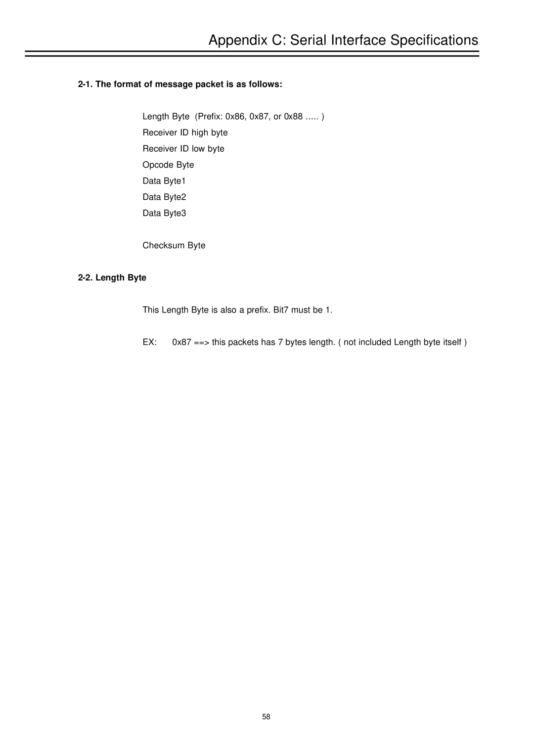 EverFocus EDSR-1600, EDSR-900 instruction manual Format of message packet is as follows, Length Byte 