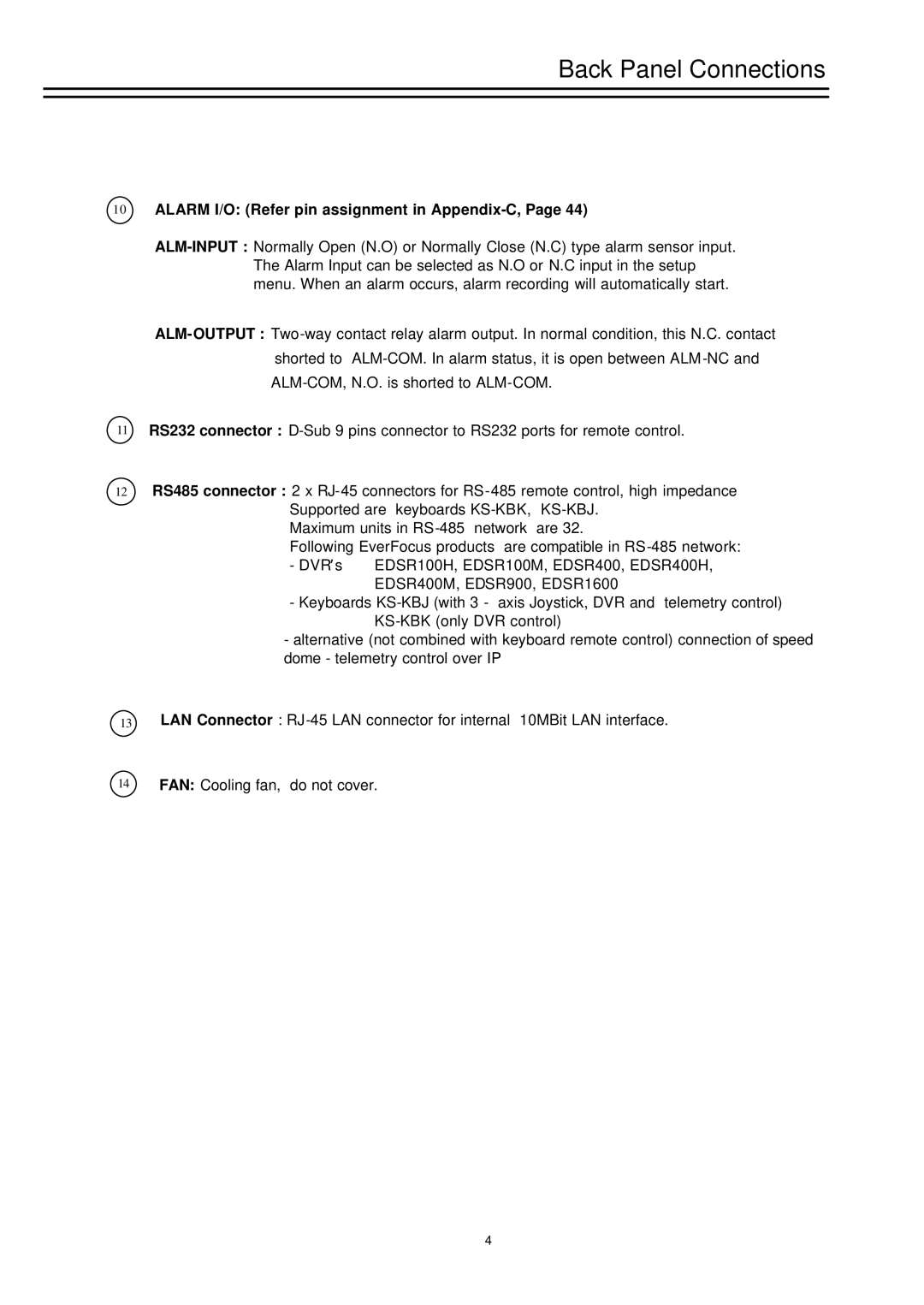 EverFocus EDSR-1600, EDSR-900 instruction manual Alarm I/O Refer pin assignment in Appendix-C 