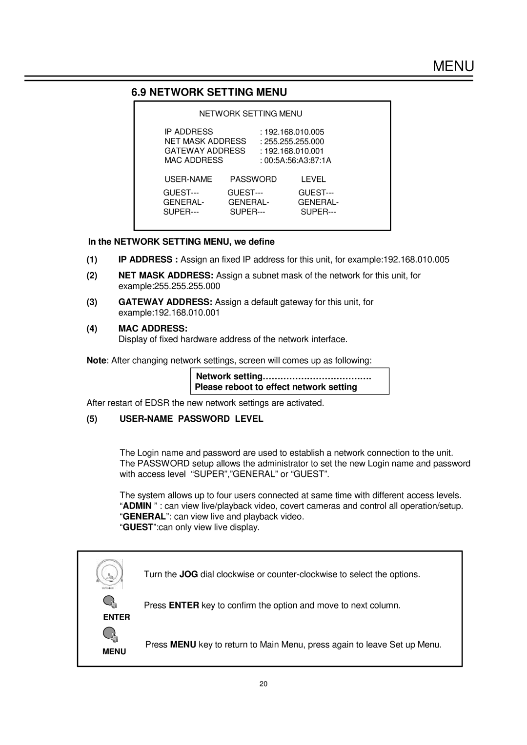 EverFocus EDSR-900 Network Setting Menu, Network Setting MENU, we define, MAC Address, USER-NAME Password Level 