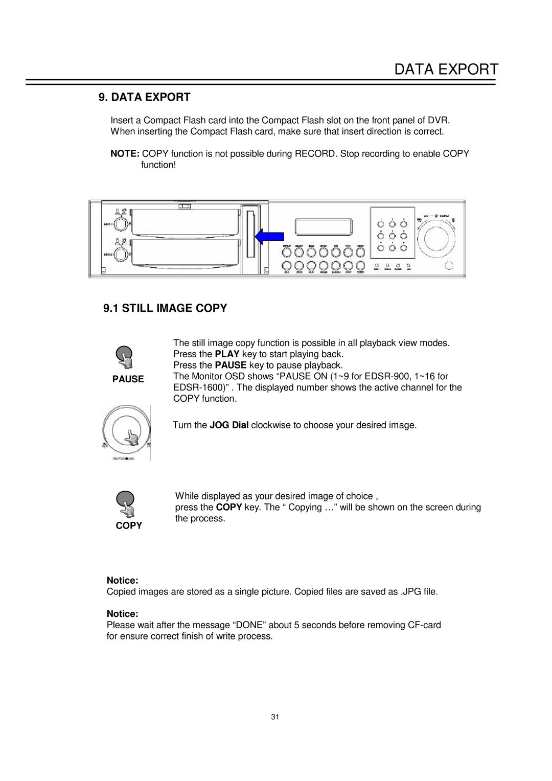 EverFocus EDSR-900 instruction manual Data Export, Still Image Copy, Pause Copy 