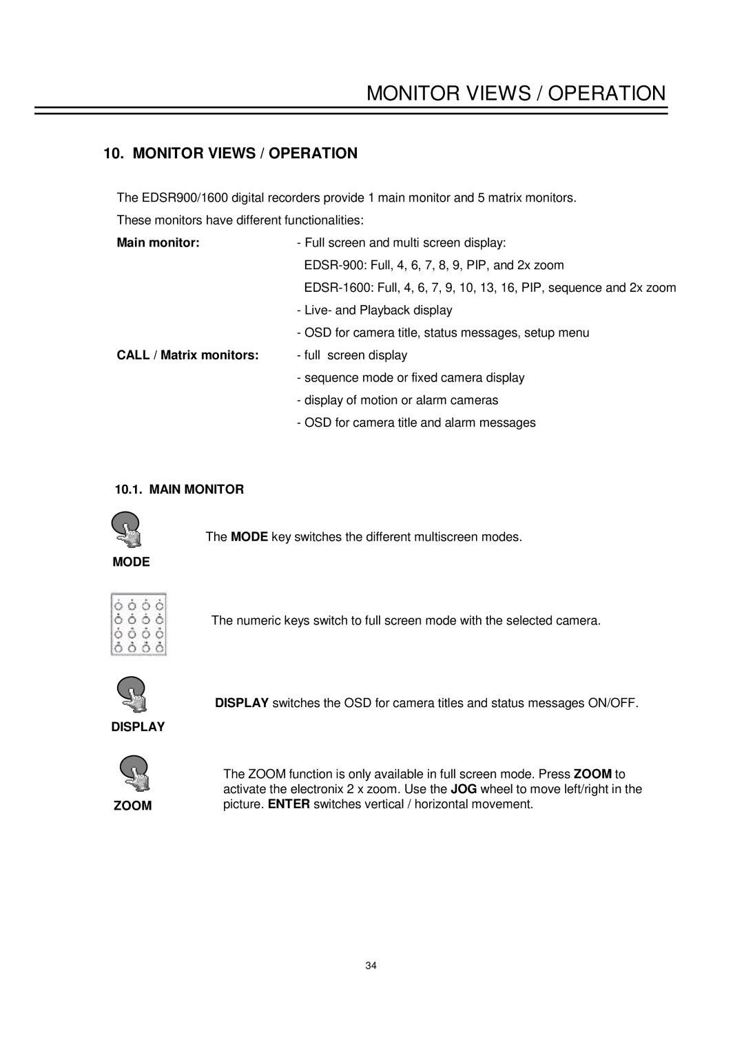 EverFocus EDSR-900 instruction manual Monitor Views / Operation, Call / Matrix monitors, Main Monitor, Mode Display Zoom 