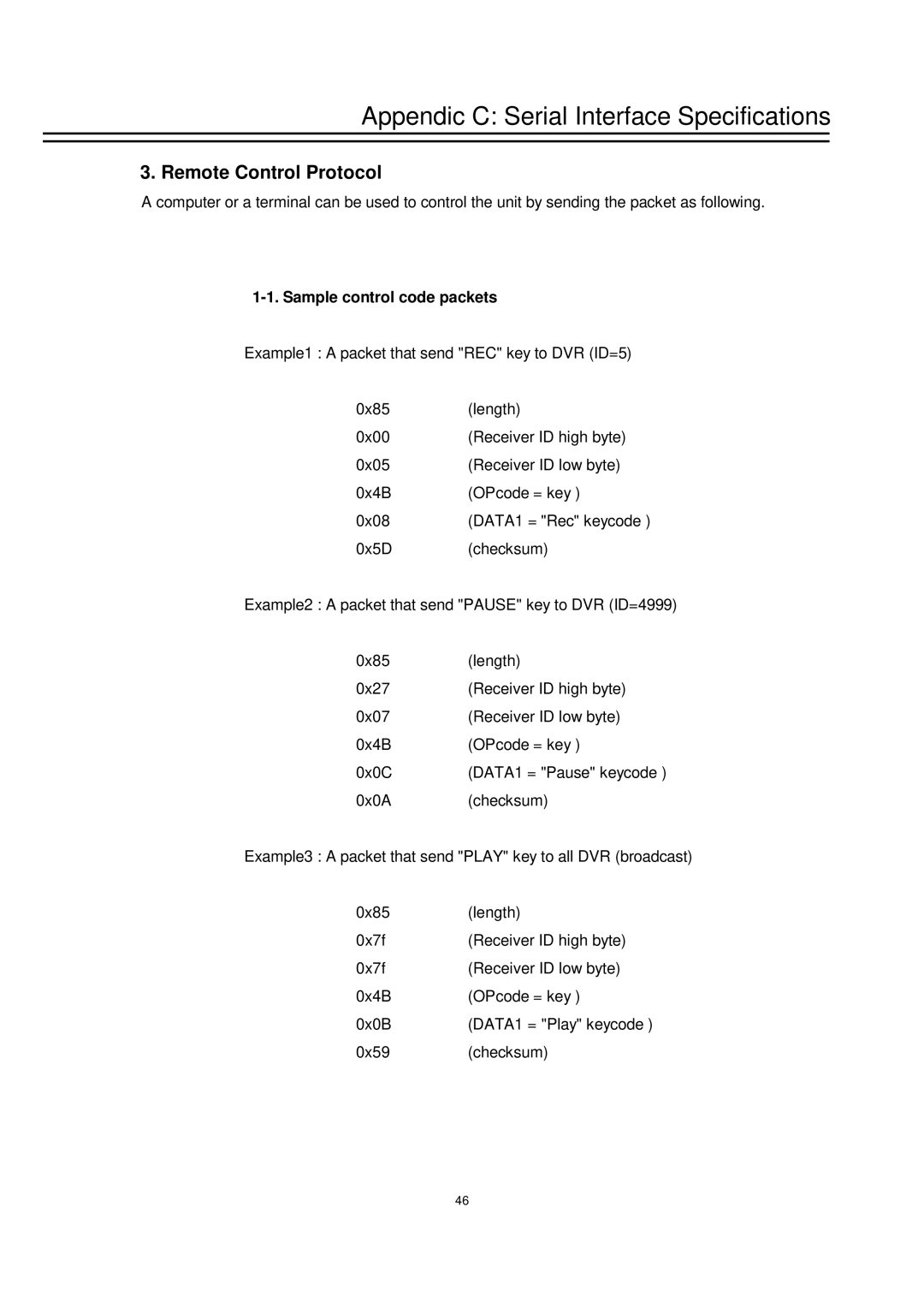 EverFocus EDSR-900 instruction manual Remote Control Protocol, Sample control code packets 