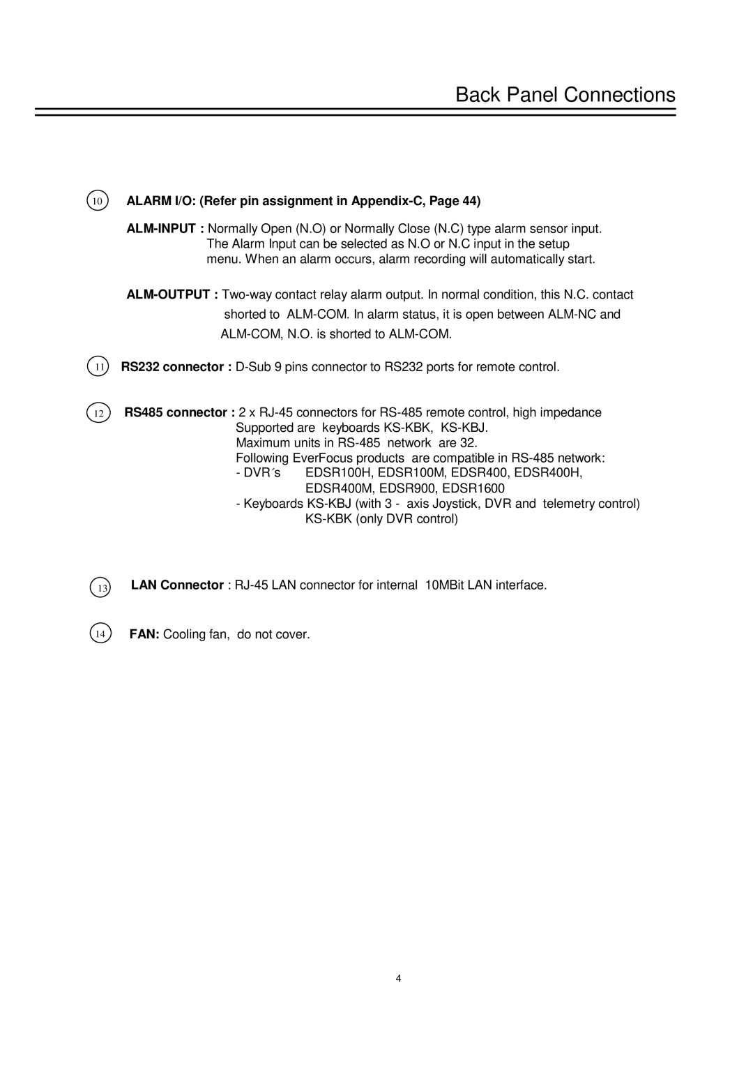 EverFocus EDSR-900 instruction manual Alarm I/O Refer pin assignment in Appendix-C 