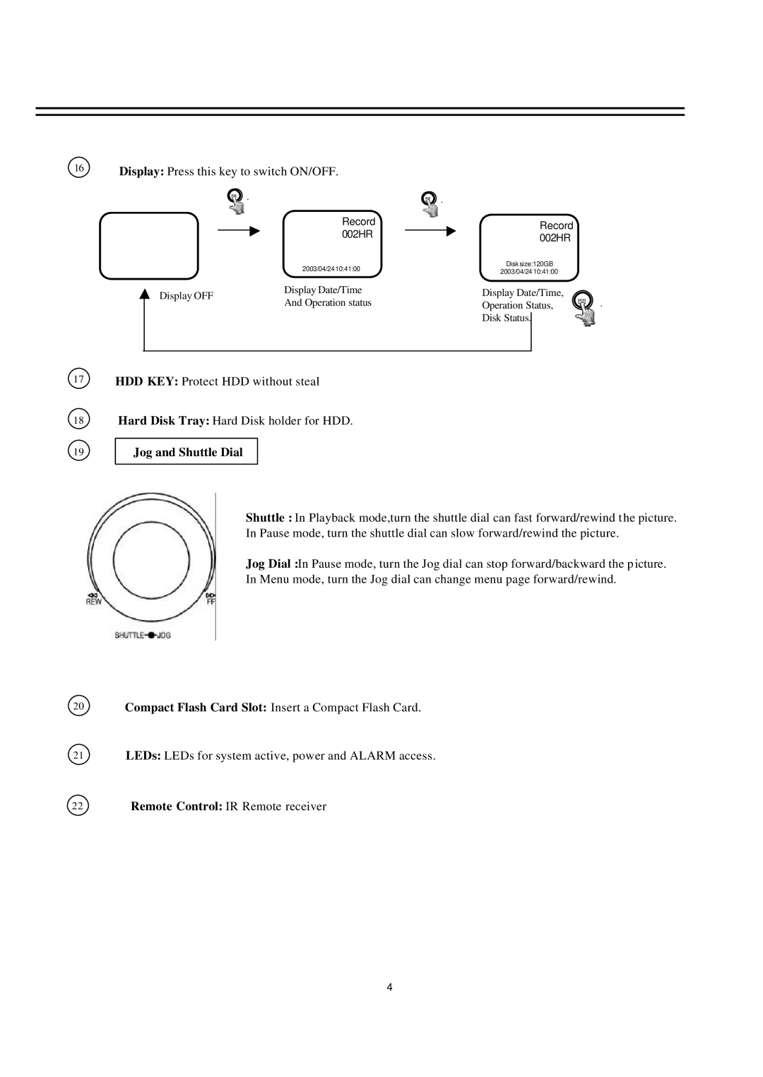 EverFocus EDSR100H instruction manual Display Press this key to switch ON/OFF, Jog and Shuttle Dial 