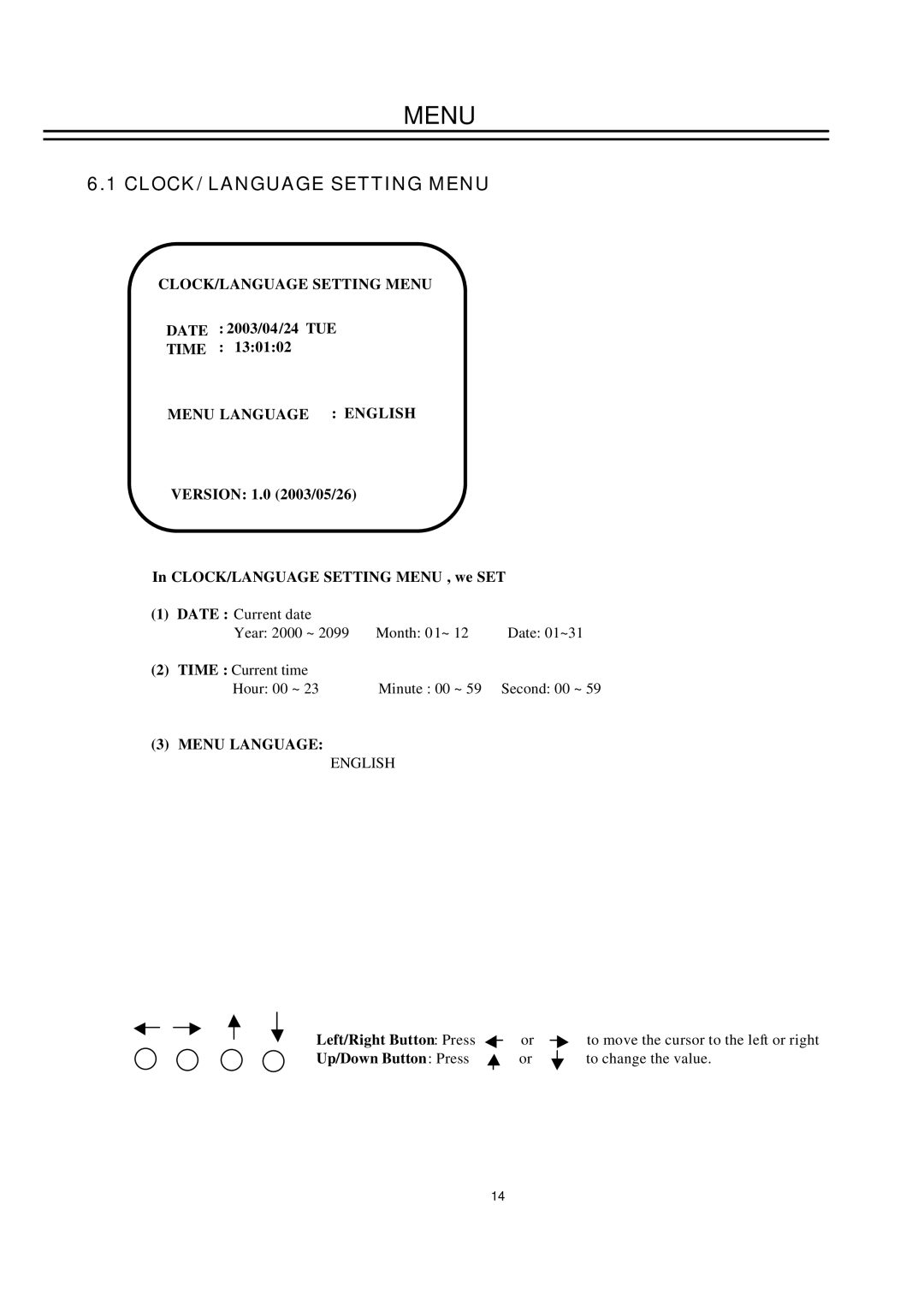 EverFocus EDSR100H instruction manual CLOCK/ Language Setting Menu, Date 2003/04/24 TUE Time, Menu Language English 