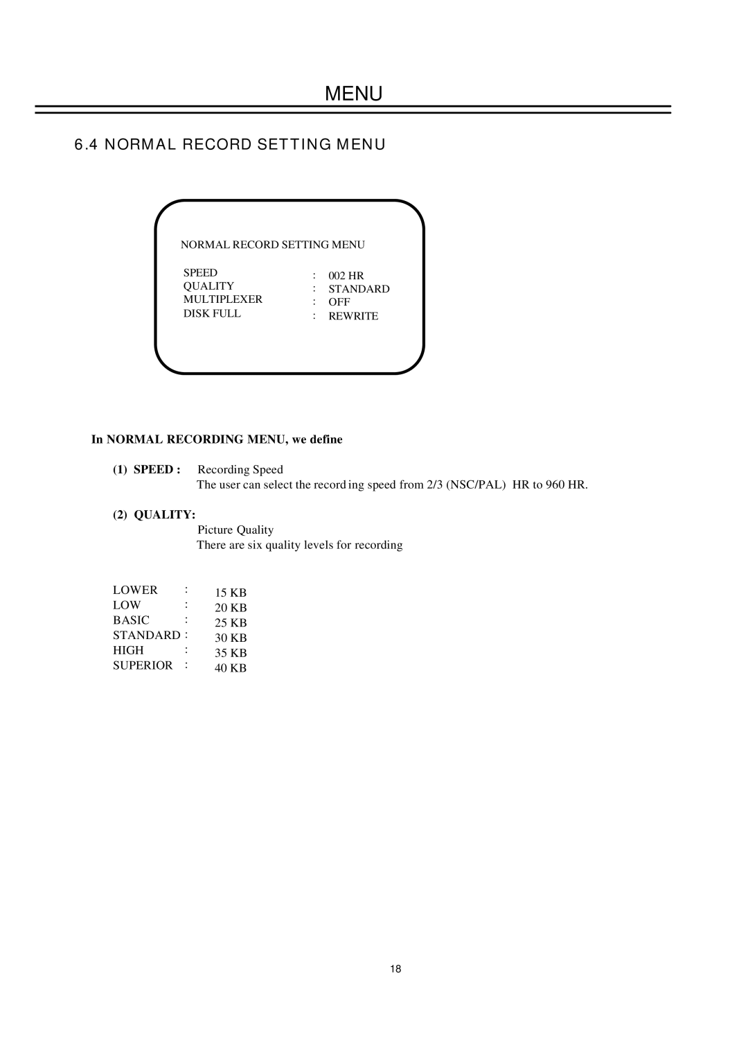 EverFocus EDSR100H instruction manual Normal Record Setting Menu, Normal Recording MENU, we define 