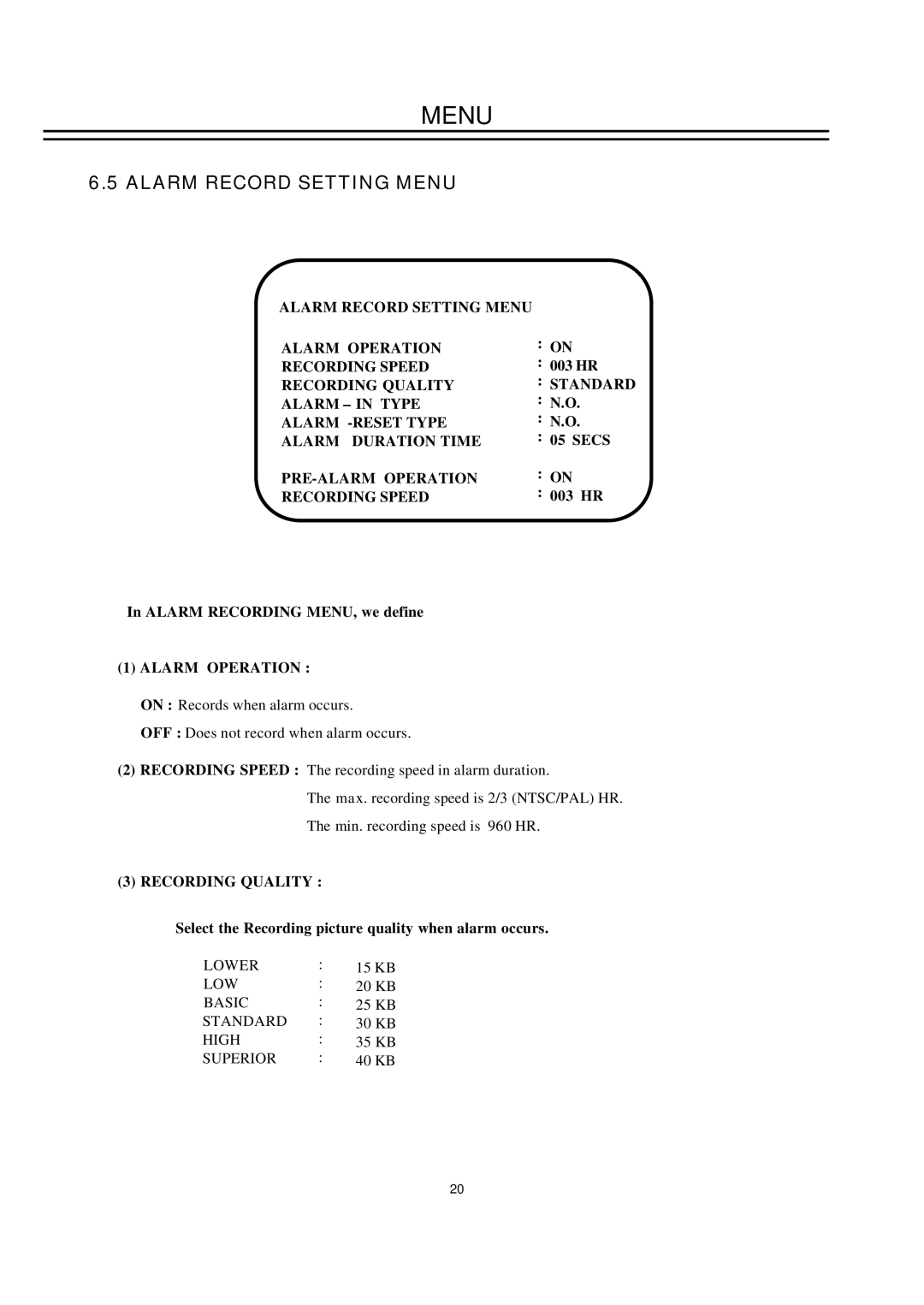 EverFocus EDSR100H Alarm Record Setting Menu Alarm Operation Recording Speed, PRE-ALARM Operation Recording Speed 