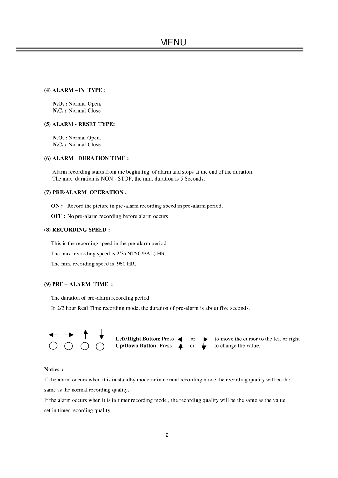 EverFocus EDSR100H instruction manual Alarm Reset Type, PRE-ALARM Operation, PRE Alarm Time 