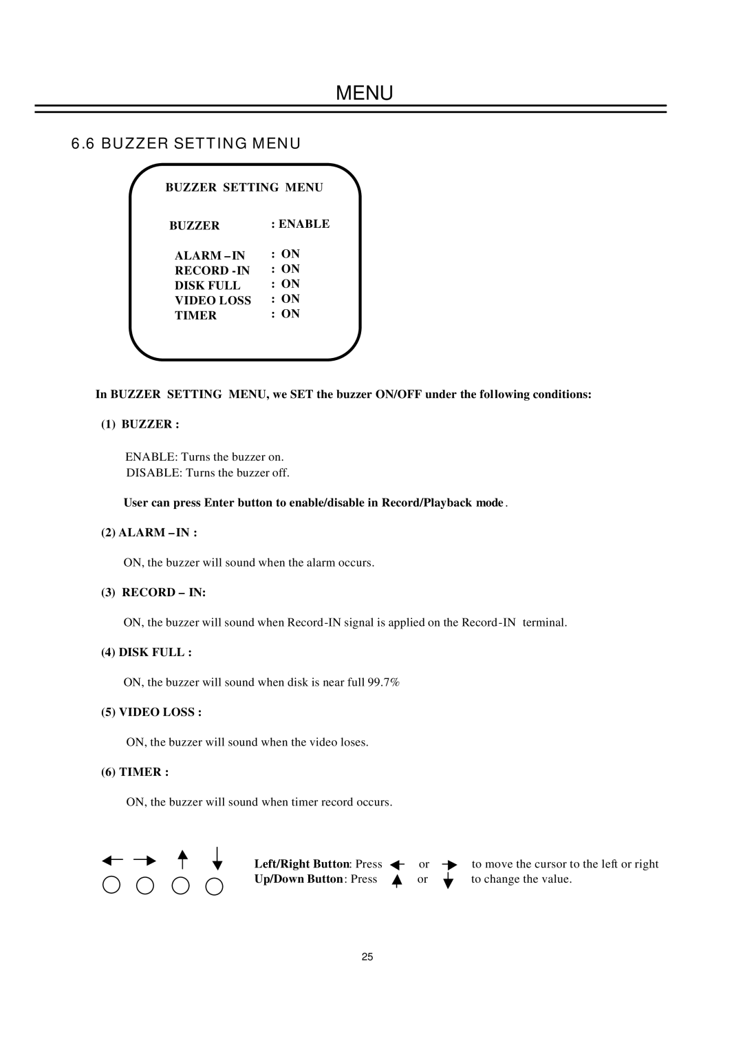 EverFocus EDSR100H instruction manual Buzzer Setting Menu, Record 