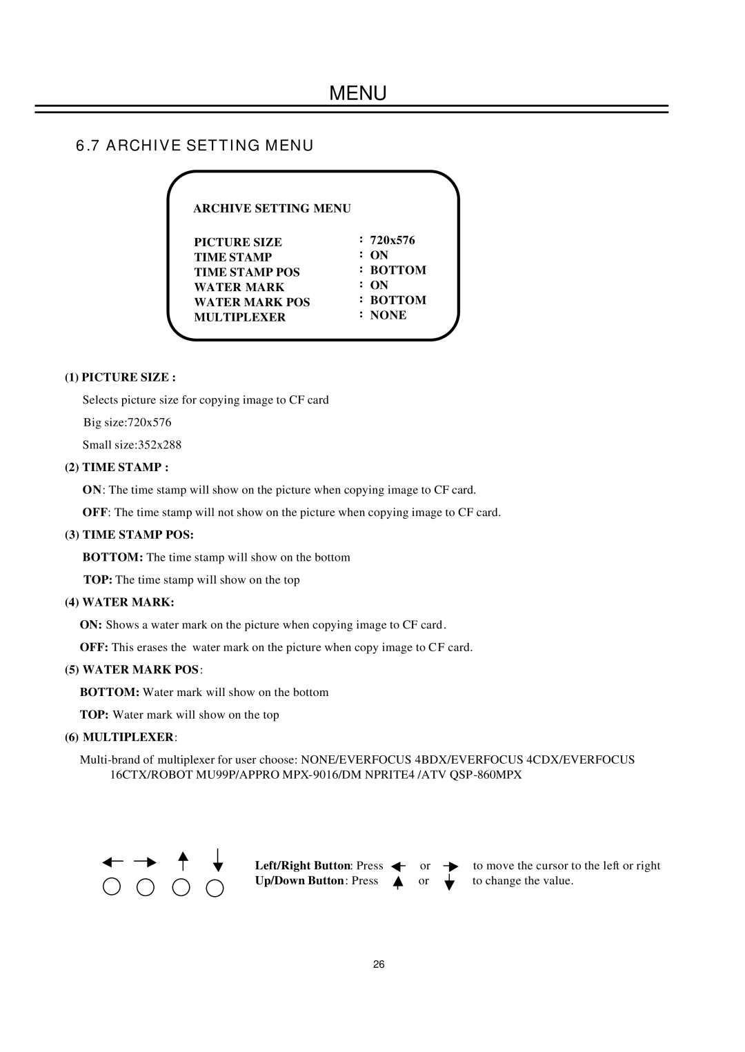 EverFocus EDSR100H instruction manual Archive Setting Menu Picture Size, 720x576, Time Stamp 