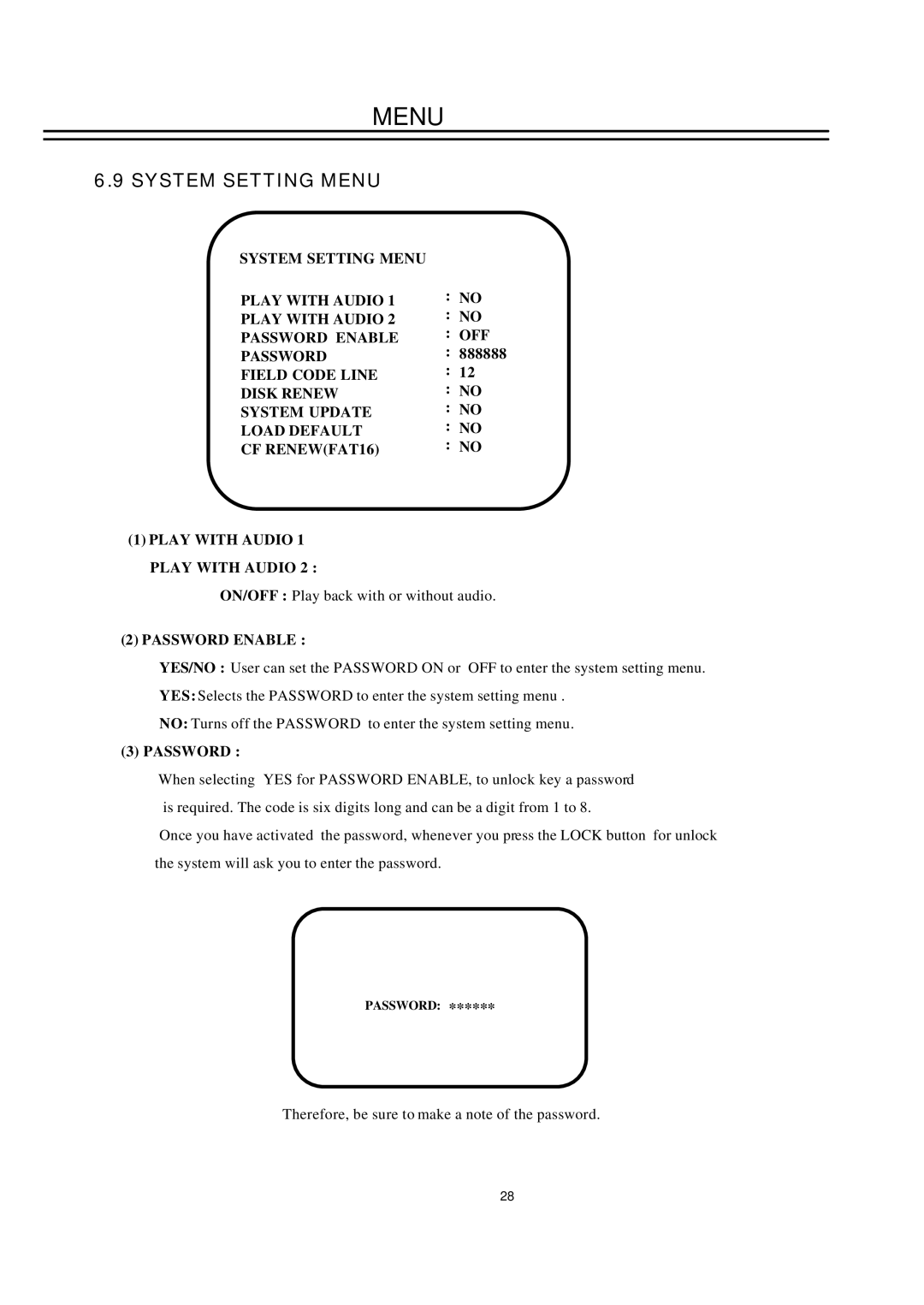 EverFocus EDSR100H instruction manual System Setting Menu Play with Audio Password Enable, Off, 888888 