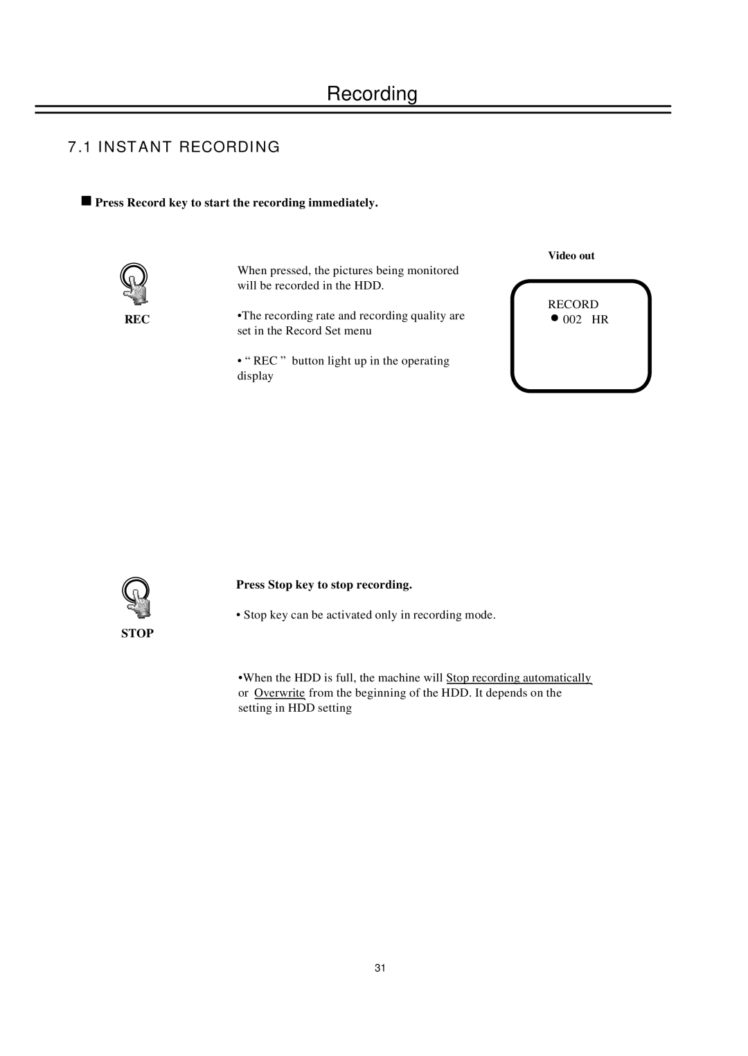 EverFocus EDSR100H instruction manual Instant Recording, Press Record key to start the recording immediately, REC Stop 