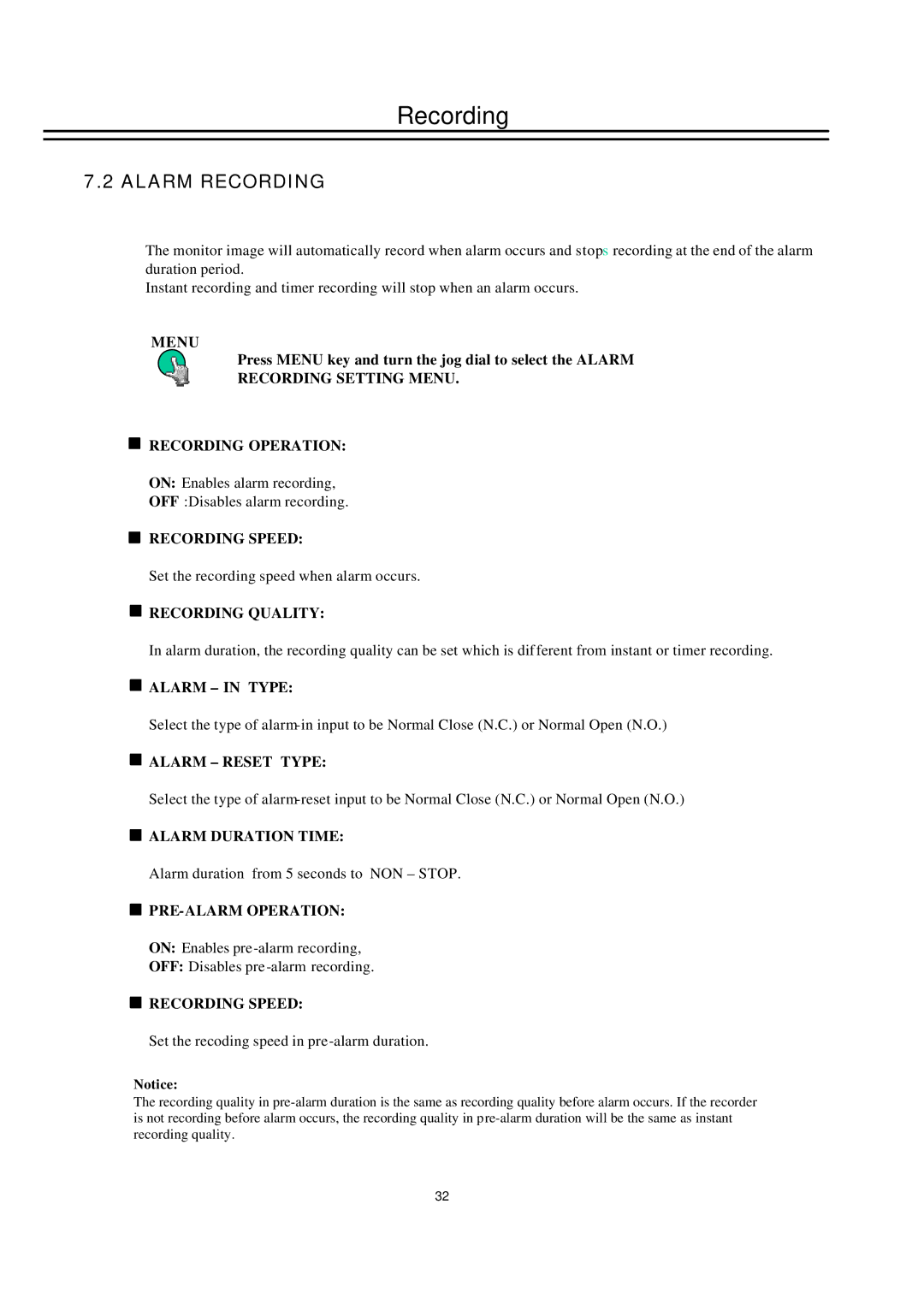 EverFocus EDSR100H instruction manual Alarm Recording, Press Menu key and turn the jog dial to select the Alarm 