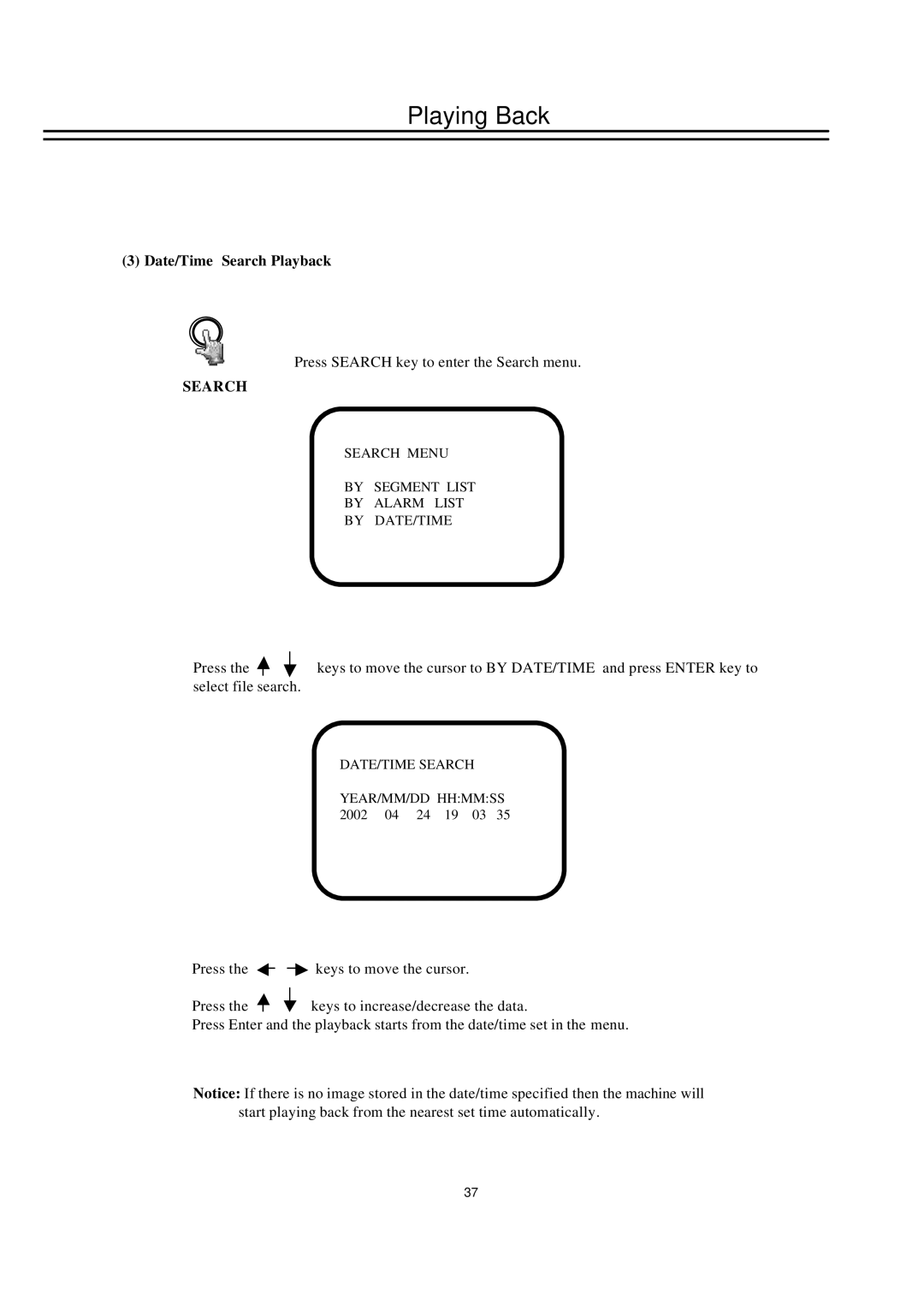 EverFocus EDSR100H instruction manual Date/Time Search Playback 