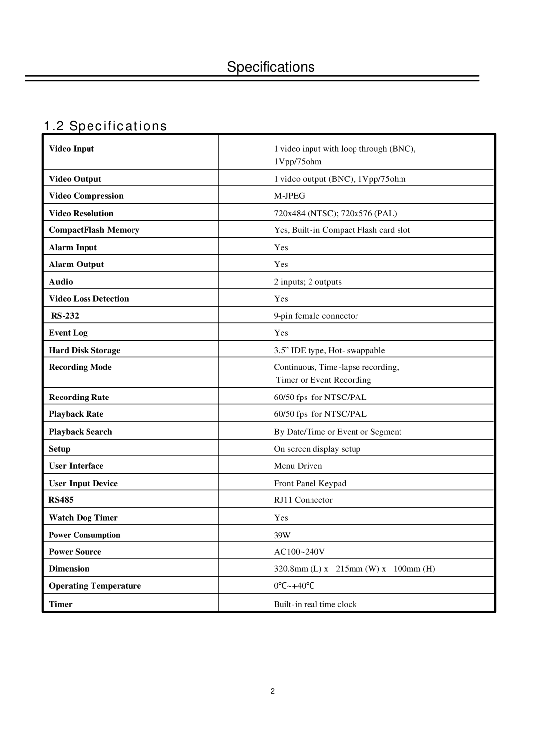 EverFocus EDSR100H instruction manual Specifications 